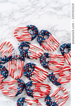 American flag. Red, white, and blue chocolate-covered pretzel twists. American flag. Red, white, and blue chocolate-covered pretzel twists. 109392029