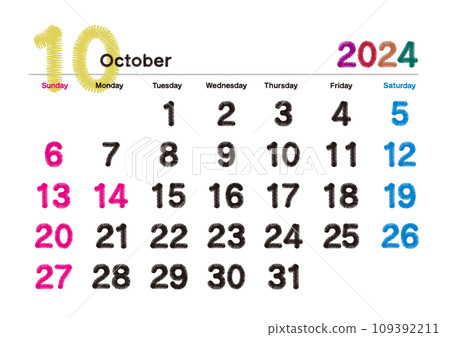 Calendar for October 2024 with embroidered letters, starts on Sunday Calendar for October 2024 with embroidered letters, starts on Sunday 109392211