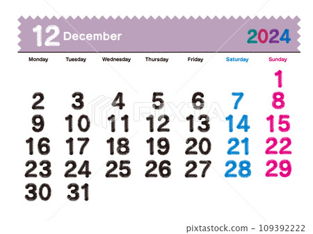 帶有刺繡字母的 2024 年 12 月日曆,從星期一開始 帶有刺繡字母的 2024 年 12 月日曆,從星期一開始 109392222