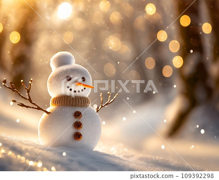 A cute snowman standing on a snowy field 109392298