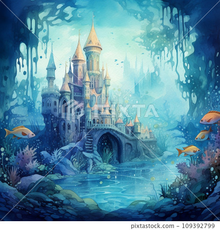 Watercolor background image with marine life, sand castle, seashells, corals on a bright background. Marine illustration for stickers, packaging, labels, children's products, stationery 109392799