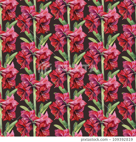 Watercolor seamless pattern with red amaryllis flowers. Christmas Digital paper 109392819