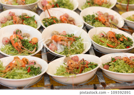 Crab noodles soup are displayed ready to eat Crab noodles soup are displayed ready to eat 109392891