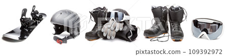 Snowboarding equip on white 109392972