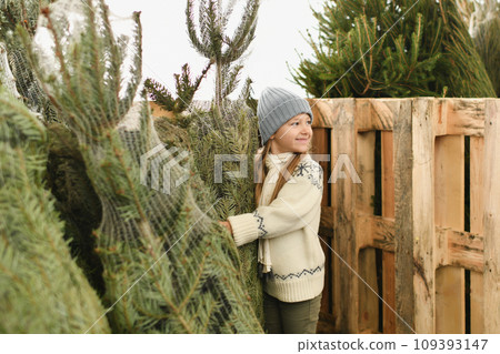 A girl chooses a Christmas tree in a shop A girl chooses a Christmas tree in a shop 109393147