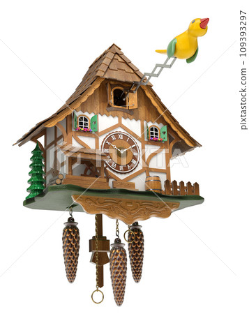 Cuckoo clock with yellow bird isolated on white background - 3D illustration Cuckoo clock with yellow bird isolated on white background - 3D illustration 109393297