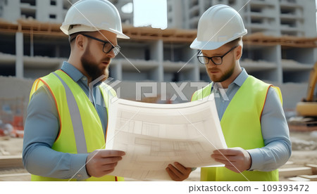 Two engineers in helmets and vests looking at blueprint on construction site. Generative AI 109393472