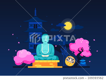 Buddha statue at night - modern colored vector illustration 109393562