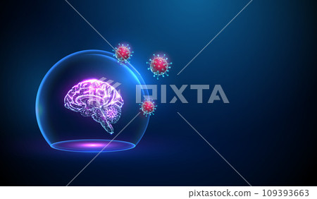 Abstract brain in blue glass dome attacked by red viruses. Medicine labaratory research concept. Low poly style. 109393663