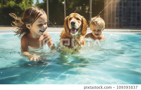 AI-generated content. Two little kids playing with dog in outdoor swimming pool. 109393837