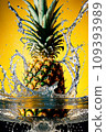 Splash of water fruits. Pineapple falls into the water on a yellow background. Generative AI. 109393989