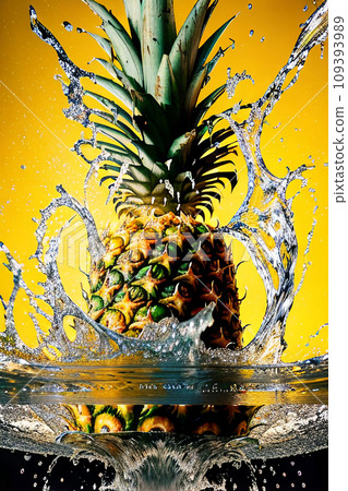 Splash of water fruits. Pineapple falls into the water on a yellow background. Generative AI. 109393989