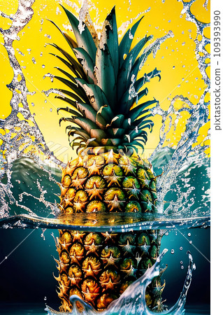 Splash of water fruits. Pineapple falls into the water on a yellow background. Generative AI. 109393990