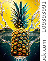 Splash of water fruits. Pineapple falls into the water on a yellow background. Generative AI. 109393991