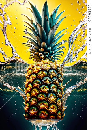 Splash of water fruits. Pineapple falls into the water on a yellow background. Generative AI. Splash of water fruits. Pineapple falls into the water on a yellow background. Generative AI. 109393991