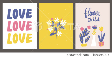 Modern art prints, bold word love, naive florals and flower child quote lettering. Bright trendy posters, vector nature illustrations set Modern art prints, bold word love, naive florals and flower child quote lettering. Bright trendy posters, vector nature illustrations set 109393993