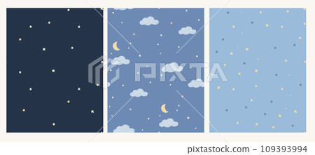 Blue sky backgrounds, stars, moon and cloud patterns, seamless texture for kids wallpaper, textile and paper design, flat vector simple graphics Blue sky backgrounds, stars, moon and cloud patterns, seamless texture for kids wallpaper, textile and paper design, flat vector simple graphics 109393994