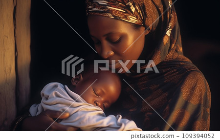 AI-generated content. Happy young African American mom hug cuddle with little baby. Motherhood concept 109394052