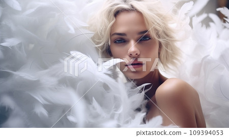 AI-generated content. blond woman in white dress having a party while standing under feathers rain 109394053