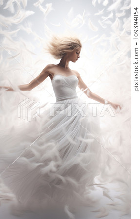 AI-generated content. blond woman in white dress having a party while standing under feathers rain AI-generated content. blond woman in white dress having a party while standing under feathers rain 109394054