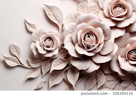 Closeup of a beautiful delicate 3D pink paper origami rose flowers and leaves background. Generative AI Closeup of a beautiful delicate 3D pink paper origami rose flowers and leaves background. Generative AI 109394316