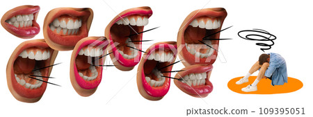 Banner. Contemporary art collage. Frustrated young man sitting burnout of work, sleepy, upset because a lot of mouths shouting at him Banner. Contemporary art collage. Frustrated young man sitting burnout of work, sleepy, upset because a lot of mouths shouting at him 109395051