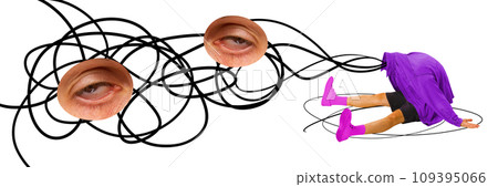 Banner. Contemporary art collage. Frustrated young man without head,sitting burnout of work, sleepy, upset against white background. 109395066