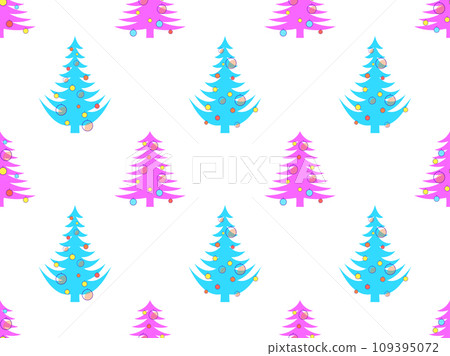Decorated Christmas trees seamless pattern in 80s style. Christmas tree decorated in geometric style. Festive design for greeting cards, invitations and banners. Vector illustration 109395072