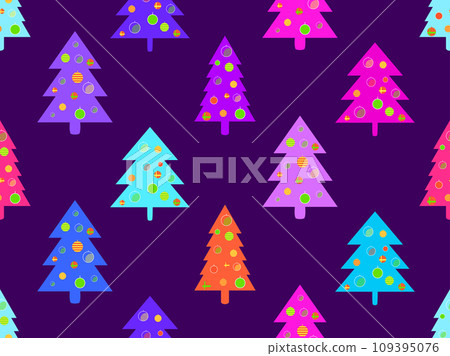 Decorated Christmas trees seamless pattern in 80s style. Christmas tree decorated in geometric style. Festive design for greeting cards, invitations and banners. Vector illustration Decorated Christmas trees seamless pattern in 80s style. Christmas tree decorated in geometric style. Festive design for greeting cards, invitations and banners. Vector illustration 109395076