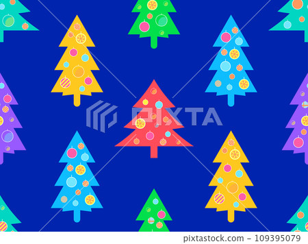 Decorated Christmas trees seamless pattern in 80s style. Christmas tree decorated in geometric style. Festive design for greeting cards, invitations and banners. Vector illustration 109395079