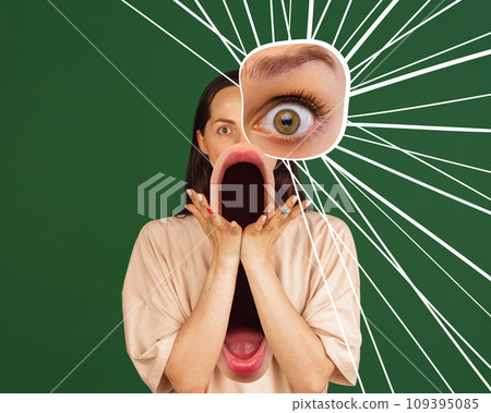 Poster. Contemporary art collage. Shocked woman widely open mouth and screaming of from fright and white lines symbolizes her loudly shouting. 109395085