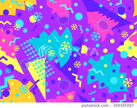 Christmas seamless pattern with geometric shapes in 80s Memphis style. Christmas pattern with fir trees, Christmas decorations and geometric shapes for wrappers and banners. Vector illustration 109395087