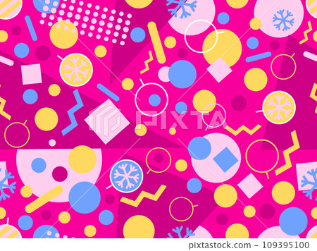 Christmas seamless pattern with geometric shapes in 80s Memphis style. Christmas pattern with snowflakes, Christmas decorations and geometric shapes for wrappers and banners. Vector illustration Christmas seamless pattern with geometric shapes in 80s Memphis style. Christmas pattern with snowflakes, Christmas decorations and geometric shapes for wrappers and banners. Vector illustration 109395100