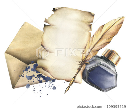 Writing supplies: papyrus paper, craft envelope, gold feather, ink in a glass jar, ribbon and splashes. Hand drawn watercolor illustration. Isolated composition on a white background Writing supplies: papyrus paper, craft envelope, gold feather, ink in a glass jar, ribbon and splashes. Hand drawn watercolor illustration. Isolated composition on a white background 109395319