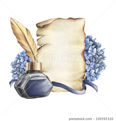 Writing supplies: papyrus paper, gold feather, ink in a glass jar, hydrangea and ribbon. Hand drawn watercolor illustration. Composition on a white background. 109395320