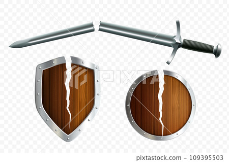 Broken sword and shields with cracks 109395503