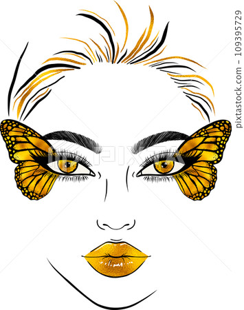 Young woman with butterfly wings makeup. Young woman with butterfly wings makeup. 109395729