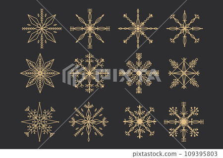 Set Golden snowflake crystal elegant line christmas decoration on dark background, collection winter ornament frozen element. Set Golden snowflake crystal elegant line christmas decoration on dark background, collection winter ornament frozen element. 109395803