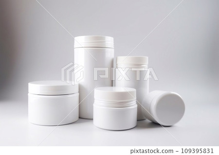 Realistic white cosmetic cream container and tube for cream, ointment, toothpaste, lotion Mock up bottle. Gel, powder, balsam, with empty label. Soap pump. Containers for bulk mixtures. 109395831