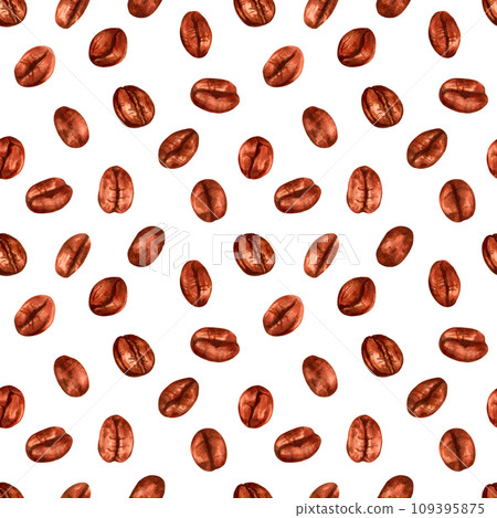 Seamless pattern of coffee beans. Aroma of Robusta and Arabica varieties. Design for fabric, textile, wrapping paper, wallpaper, harvest. Coffee day. Illustration with watercolor and marker. Hand art Seamless pattern of coffee beans. Aroma of Robusta and Arabica varieties. Design for fabric, textile, wrapping paper, wallpaper, harvest. Coffee day. Illustration with watercolor and marker. Hand art 109395875