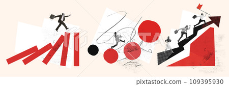 Banner. Contemporary art collage. Business people entrepreneurs jump on different schedules to climb career ladder and achieve aims. 109395930