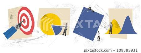 Banner. Contemporary art collage. Young people motivated to achieve excellent results try, analyze their successes in order achieve aims. 109395931