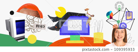 Banner. Contemporary art collage. Talented, hard-working people are looking for a new job, undergoing interviews and thinking and analyzing. Banner. Contemporary art collage. Talented, hard-working people are looking for a new job, undergoing interviews and thinking and analyzing. 109395933