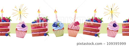 Seamless border of cupcakes, piece of cake, decorated with cream and berries. Tape for decoration, design, cards Seamless border of cupcakes, piece of cake, decorated with cream and berries. Tape for decoration, design, cards 109395999