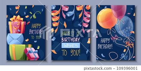 Set birthday greeting card design. Banner, flyer template with colorful balloons, a bunch of gifts, confetti and serpentine. Happy birthday Invitation design for holiday, anniversary, party 109396001