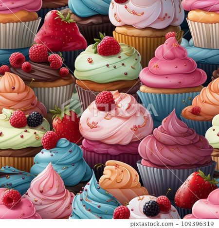 Seamless pattern with colorful cupcakes and berries. illustration 109396319