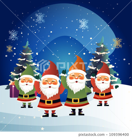 santa clauses in costumes standing together near snowy fir trees christmas eve holiday happy new year celebration template santa clauses in costumes standing together near snowy fir trees christmas eve holiday happy new year celebration template 109396400