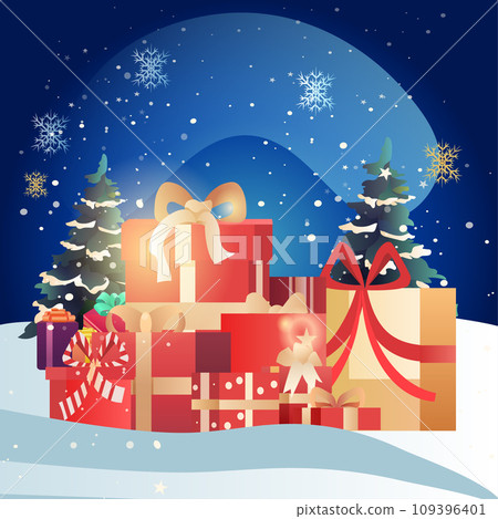wrapped gifts near fir trees christmas eve holiday happy new year celebration greeting card wrapped gifts near fir trees christmas eve holiday happy new year celebration greeting card 109396401