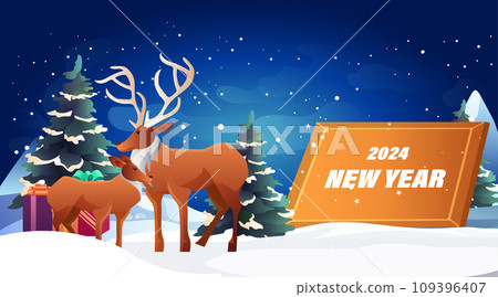 two reindeers standing on snowy mountain happy new year holiday celebration greeting card landscape background horizontal 109396407