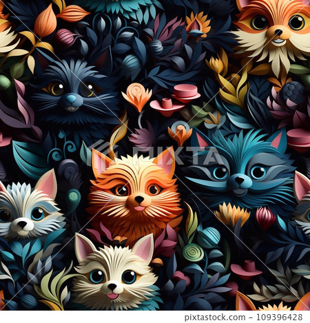 Repeat.Seamless pattern of cute colorful cat cartoon.Happy meow.Animals character design.Image for card,poster,baby clothing.Kawaii..Illustration. 109396428